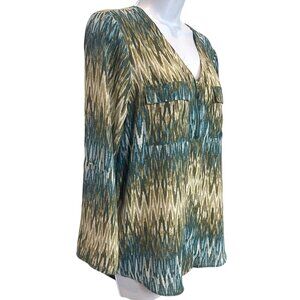Cato Women's Teal Tan V Neck Zip Roll Tab Sleeve Chevron Tunic Top Medium M